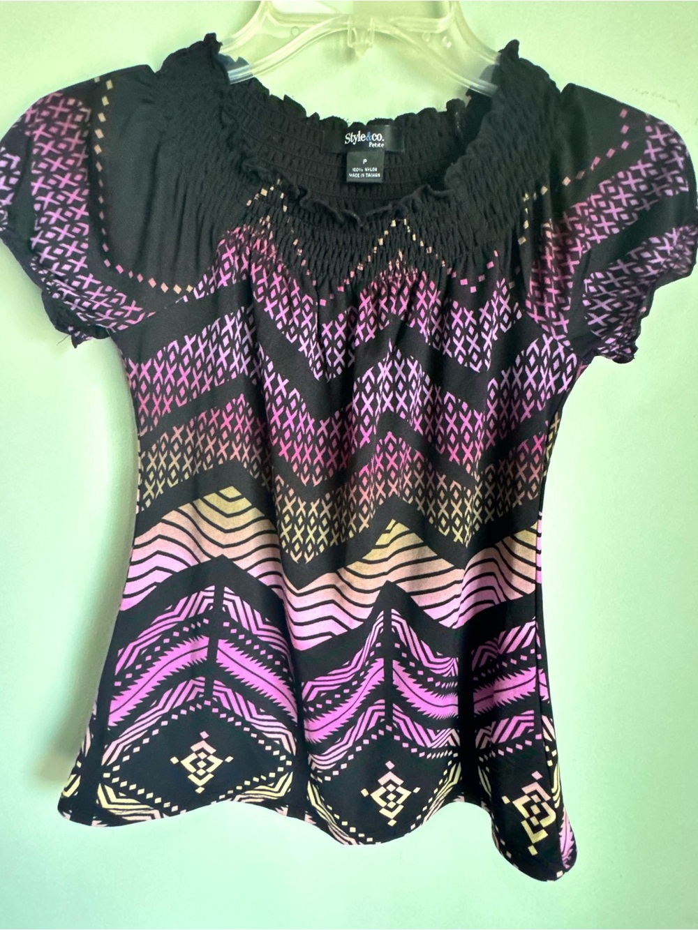 Style & Co. Women’s Short Sleeve Blouse Top Black and Purple Size P
